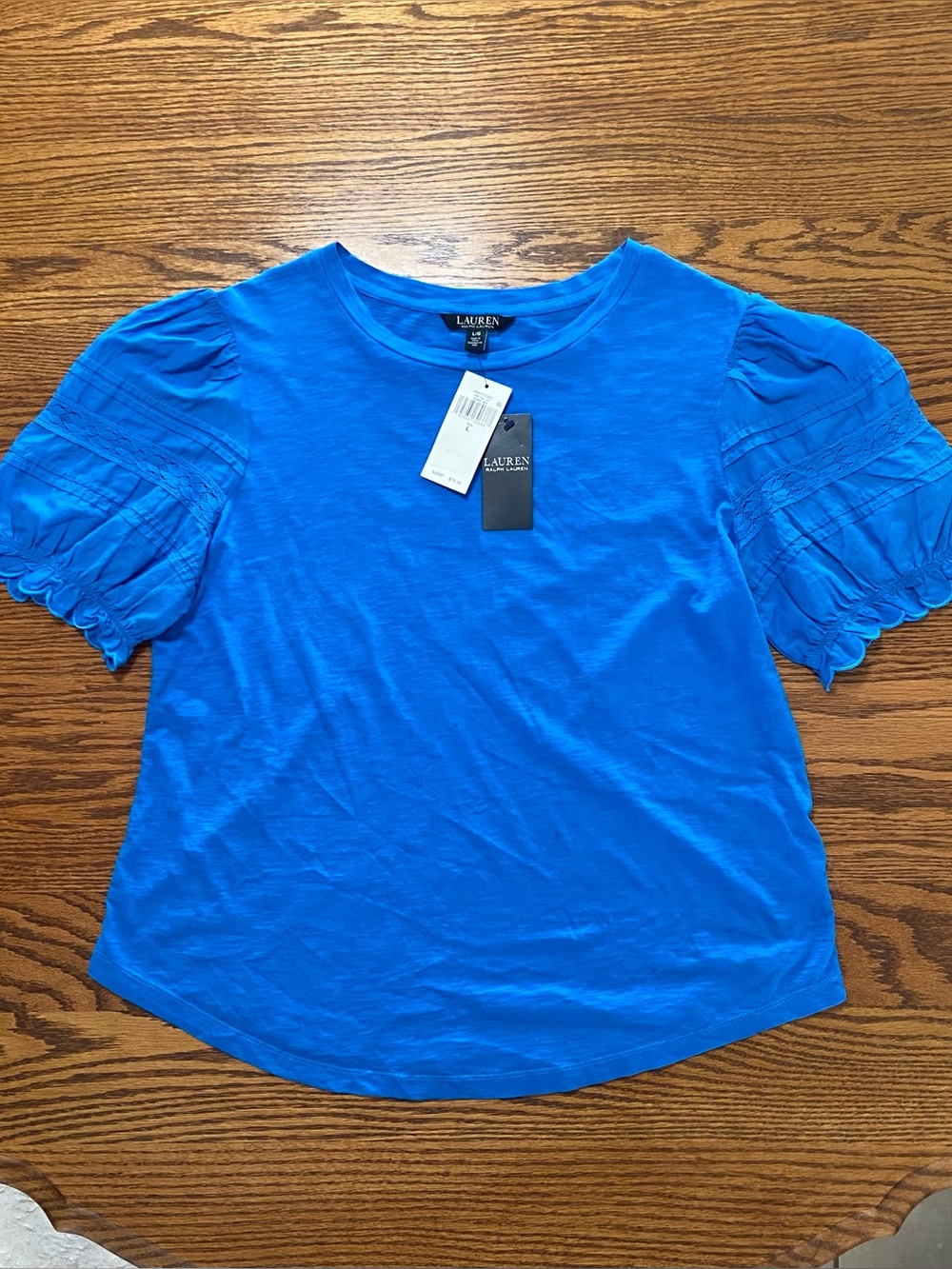 NWT Lauren Ralph Lauren Women’s Top SZ L Short‎ Sleeve Blue Cotton Blouse